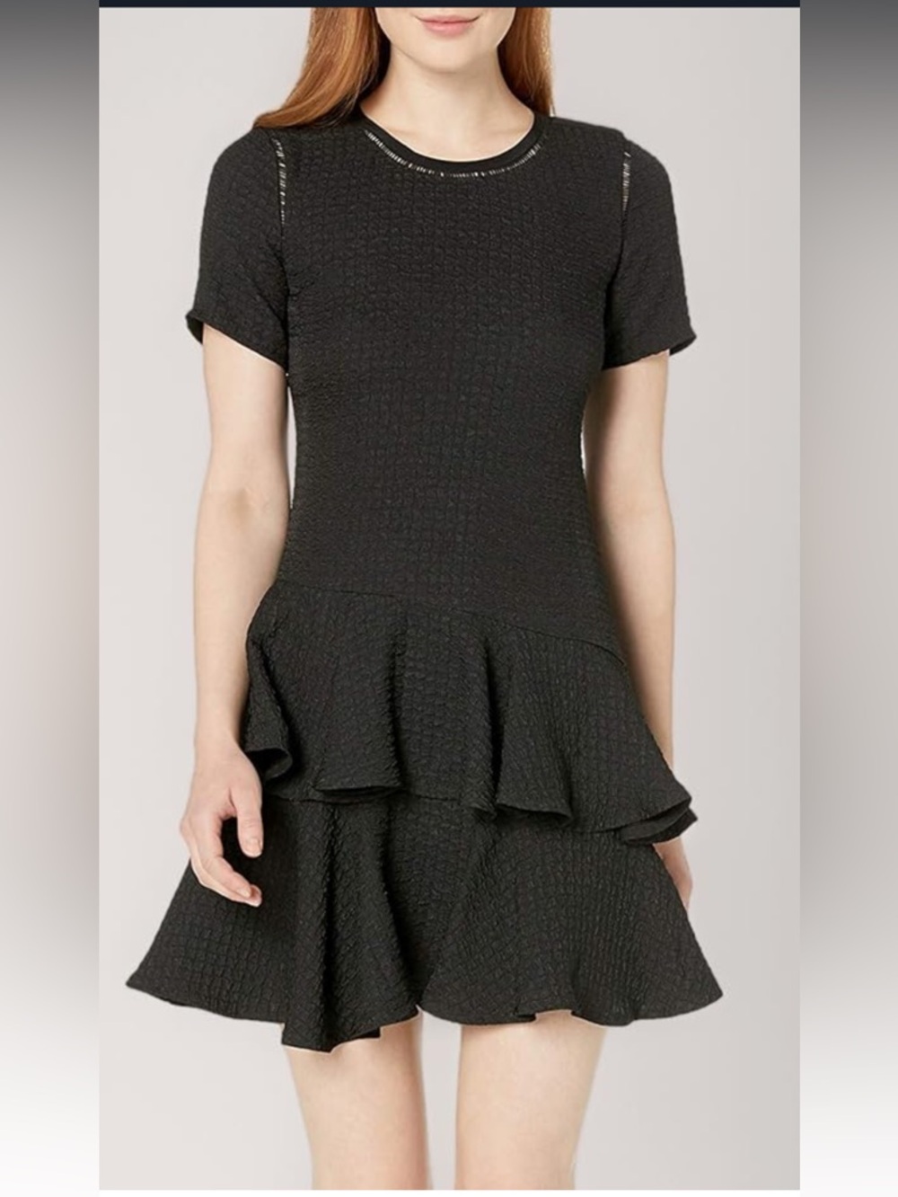 Rebecca Taylor Puckered Jacquard Tiered Ruffle Mini Dress in Black